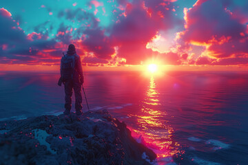 Obraz premium A photographer capturing a stunning sunset over the ocean, emphasizing natural beauty. Concept of nature photography and serenity. Generative Ai.