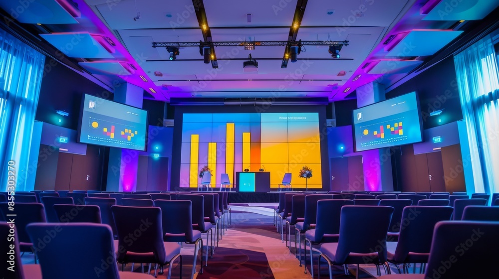 Poster conference room setup: rows of blue chairs facing a stage with a screen displaying a graph and two c