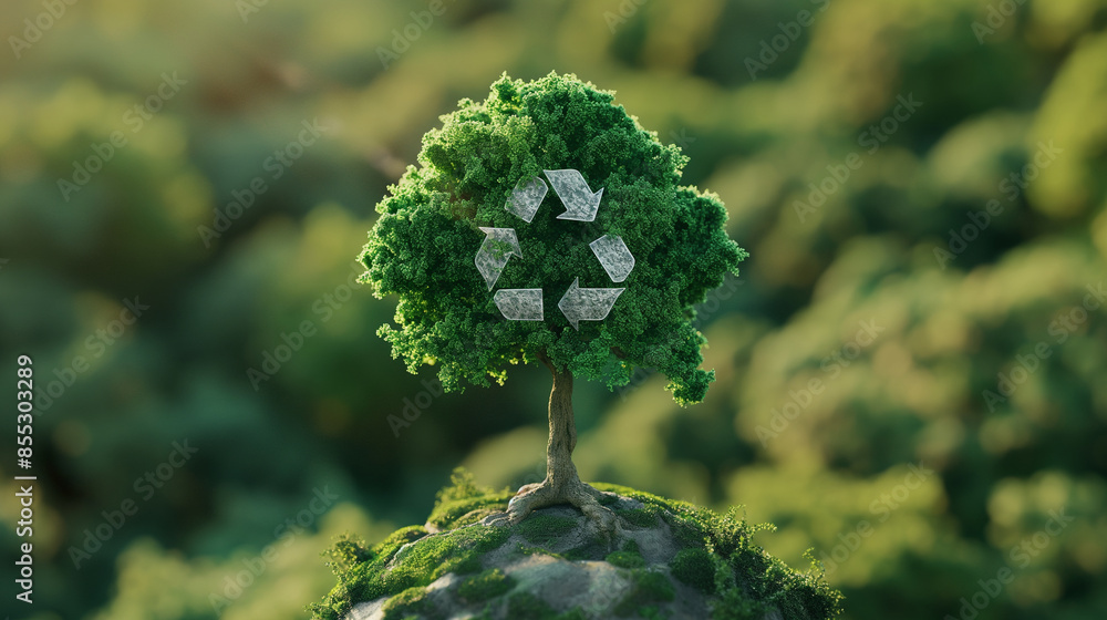 Poster observe the intricate detail of a tree with a recycling logo at its base, set against a backdrop of 
