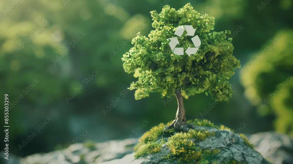 Poster observe the intricate detail of a tree with a recycling logo at its base, set against a backdrop of 