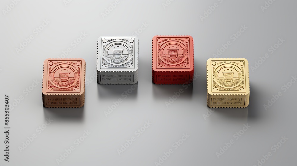 Poster four 3d rendered blocks with company name and logo on each. the blocks are made of different materia