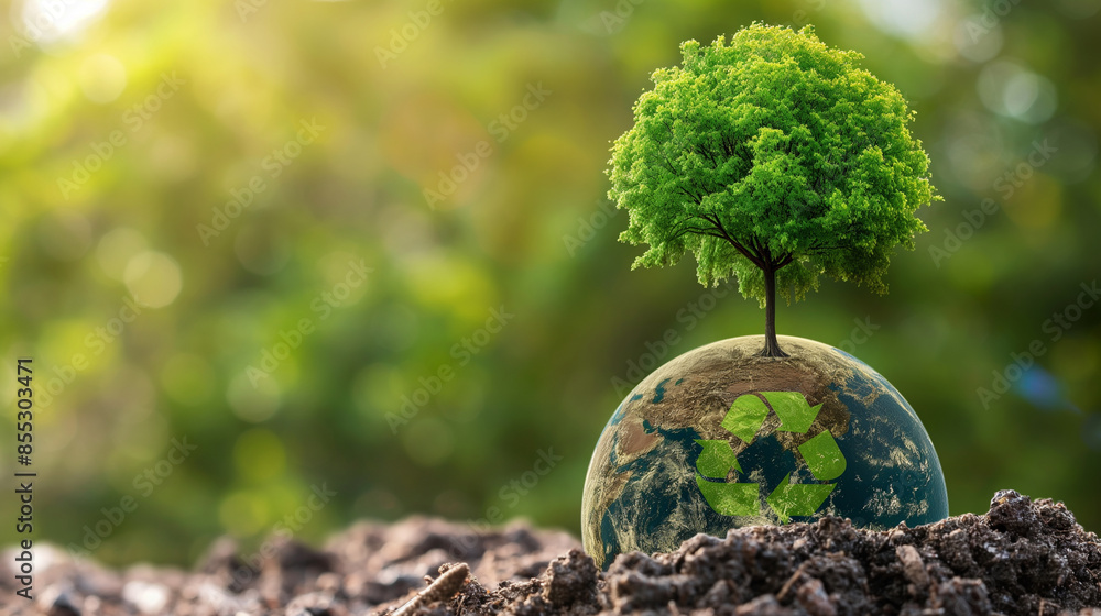 Poster capture the powerful imagery of a tree emerging from a globe adorned with a recycling logo, the gree