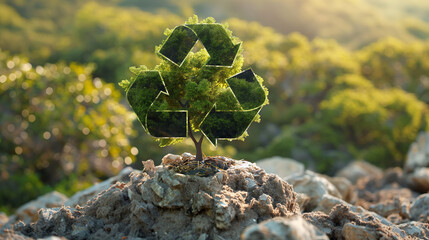 Witness the symbolic growth of a tree from a recycling logo embedded in the Earth, highlighting the synergy between environmental conservation and sustainable practices.