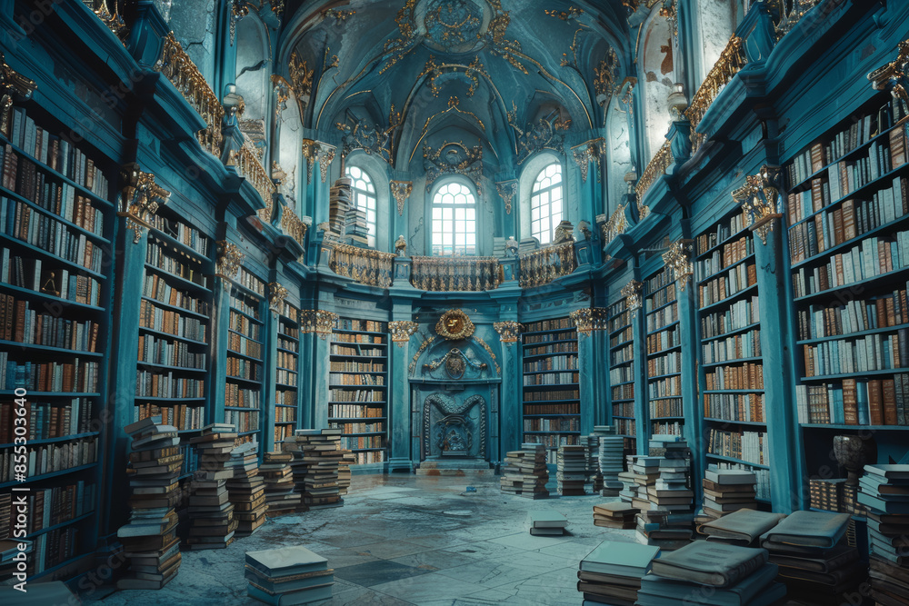 Poster an ancient library filled with towering bookshelves and mystical tomes. concept of knowledge and mys