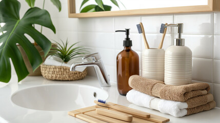 Experience the practicality and beauty of a sustainable bathroom setup with bamboo toothbrushes, refillable soap dispensers, and organic cotton towels, all arranged neatly on a whi