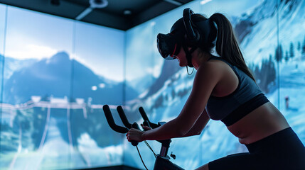 Experience the exhilarating combination of VR and exercise as someone in VR gear cycles on a stationary bike, surrounded by captivating virtual landscapes and scenic routes that en