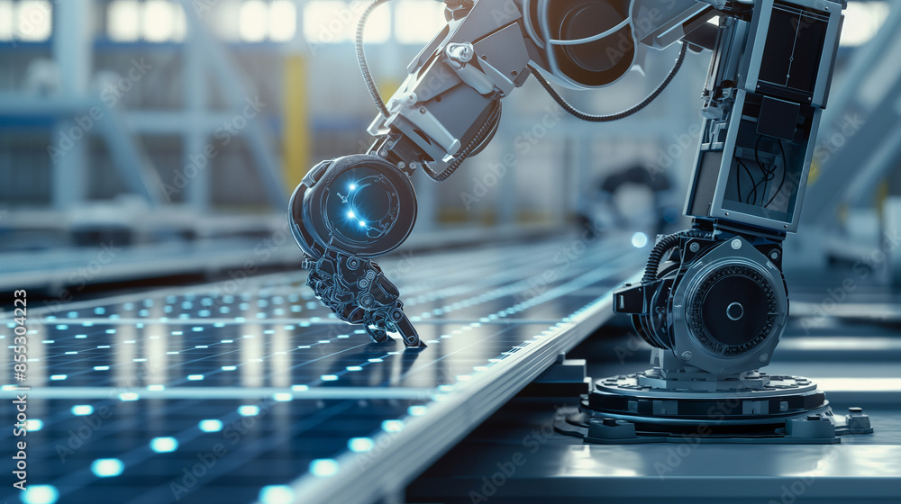 Poster advanced robotic machinery seamlessly integrating solar cells into a panel, showcasing the future of