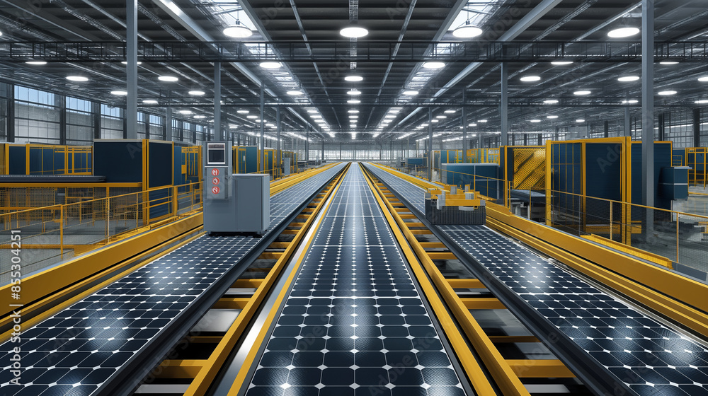 Poster automated conveyor belts transporting solar panels through various stages of assembly, each attended