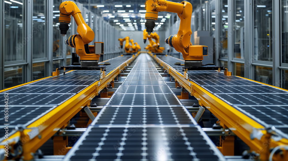 Poster automated conveyor belts transporting solar panels through various stages of assembly, each attended