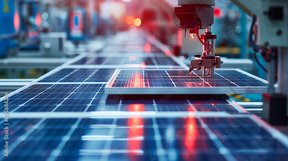 Poster a high-speed robotic assembly line creating solar panels with unparalleled accuracy, highlighting th