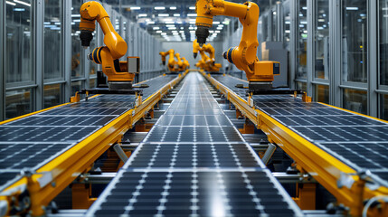 Automated conveyor belts transporting solar panels through various stages of assembly, each attended by specialized robotic units