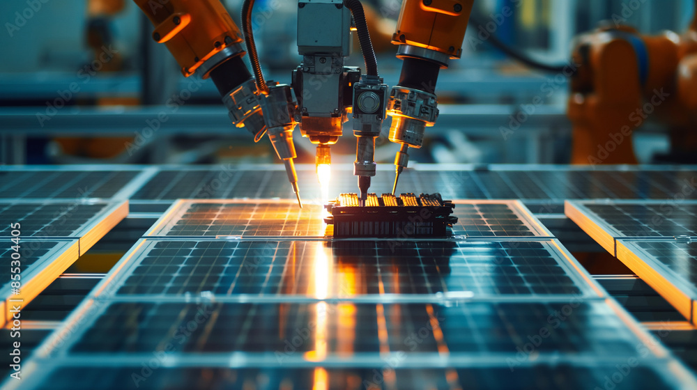 Poster high-tech robots meticulously soldering connections in solar panels, ensuring each connection is per