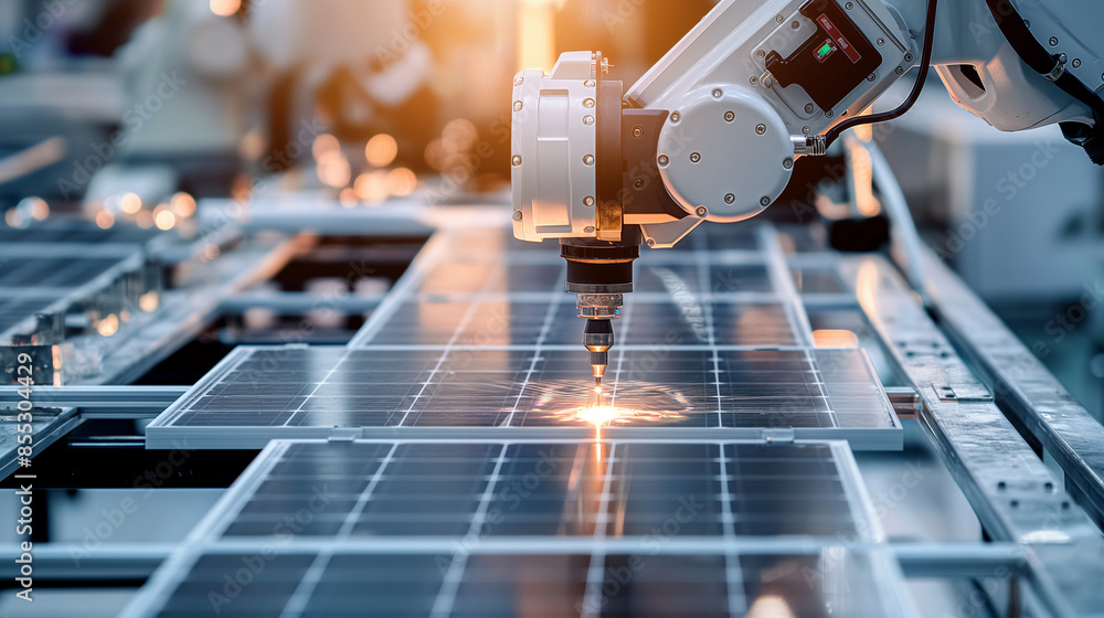 Poster high-tech robots meticulously soldering connections in solar panels, ensuring each connection is per
