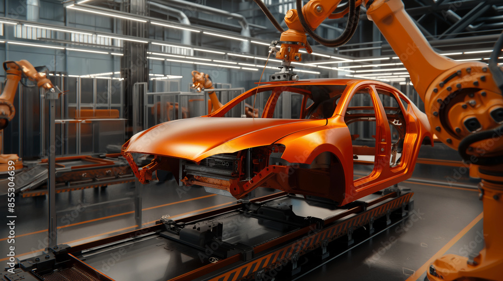 Poster multiple robotic arms installing the doors and other components on a car frame, ensuring each part i