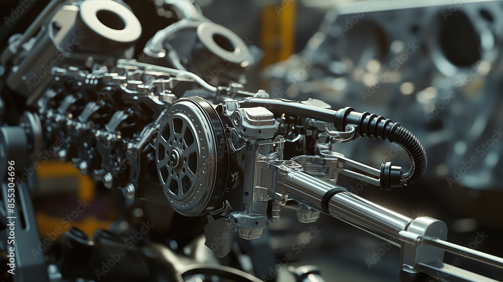 Poster close-up of robotic arms attaching the car's engine to the chassis, illustrating the blend of streng
