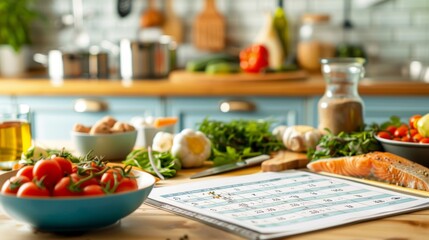 Healthy Weekly Meal Plan for DASH Diet with Fresh Ingredients on Kitchen Counter