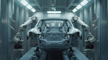 Multiple robotic arms installing the doors and other components on a car frame, ensuring each part is perfectly aligned