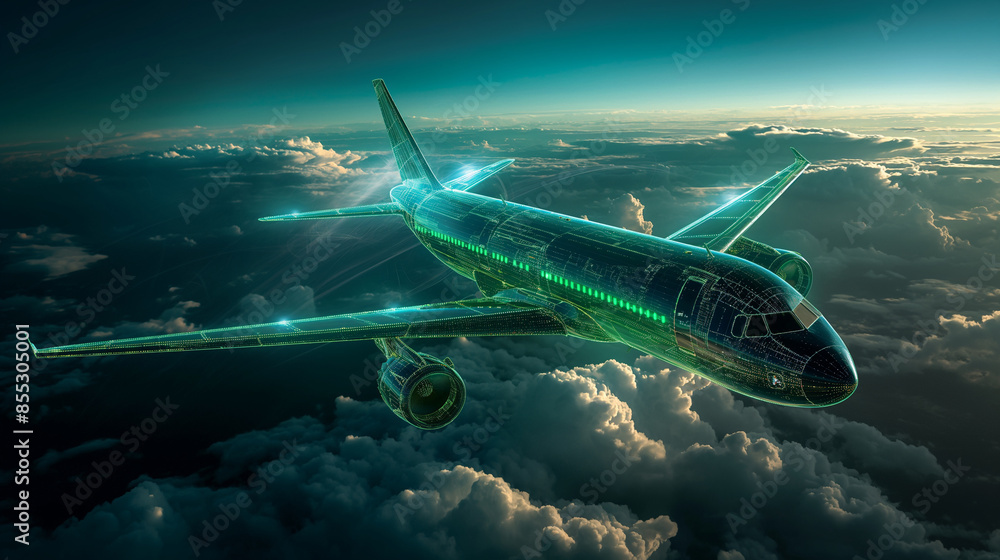 Poster high-tech delivery plane flying above the clouds, illuminated with intricate blue and green technolo