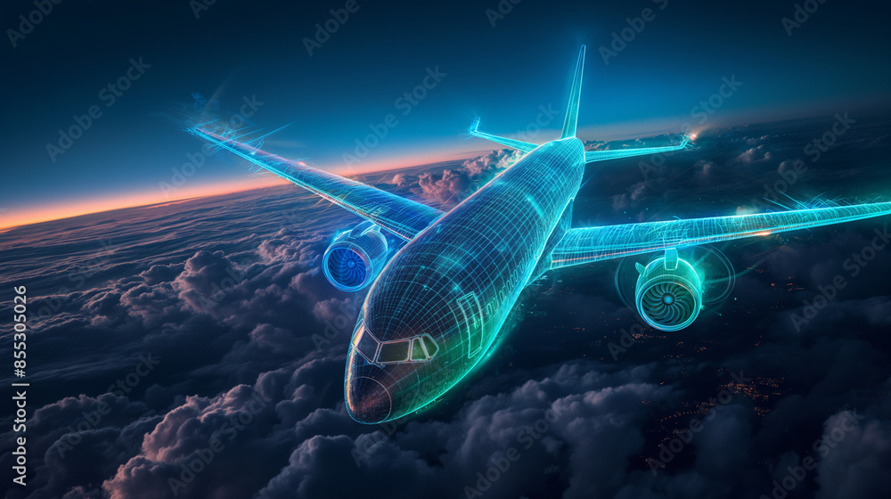 Poster high-tech delivery plane flying above the clouds, illuminated with intricate blue and green technolo