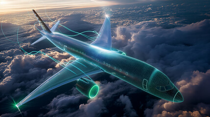 High-tech delivery plane flying above the clouds, illuminated with intricate blue and green technology lines that highlight its aerodynamic design