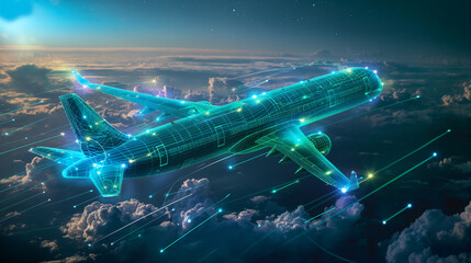 A delivery plane soaring through the sky, adorned with glowing blue and green thin technology lines tracing its sleek surface