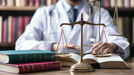 A doctor analyzing the scales of justice in their hands, surrounded by medical books and ethical guidelines, emphasizing the balance in healthcare decisions