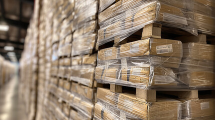 Close-up of a pallet stacked with wrapped food products, highlighting the clear plastic wrap and the organized rows in the warehouse