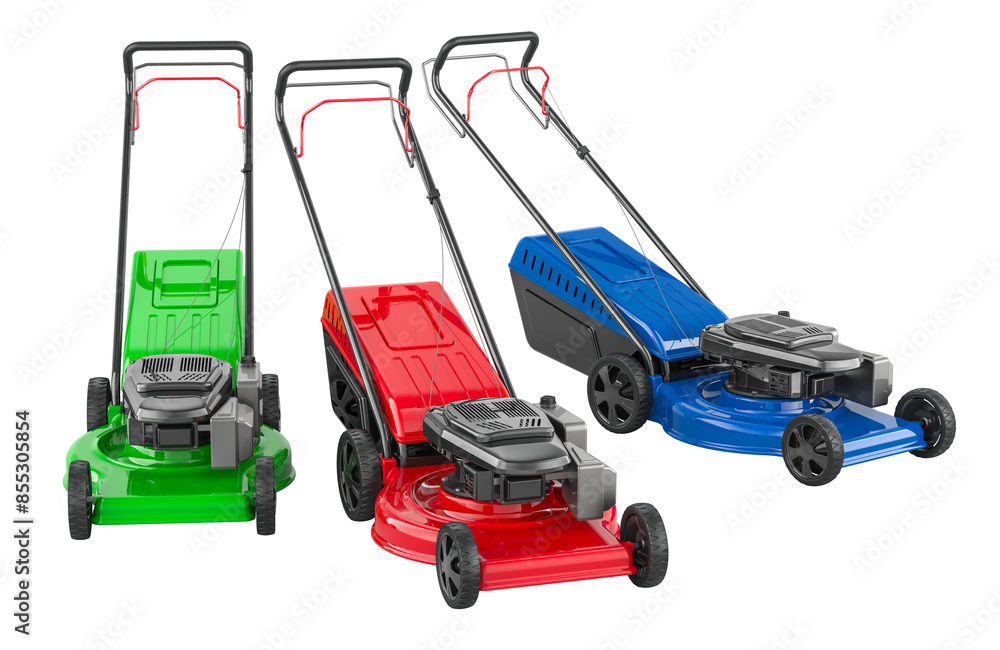 Poster lawn mowers, colored. 3d rendering isolated on transparent background