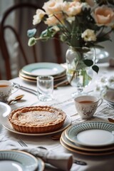 Fototapeta premium Gluten-Free Tart with Rich Filling and Tea - Perfect Setting for a Delightful Tea Time or Brunch