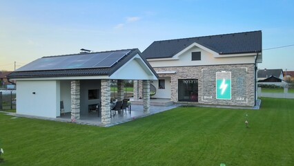 Solar panel smart house with his own electricity production. 3D render