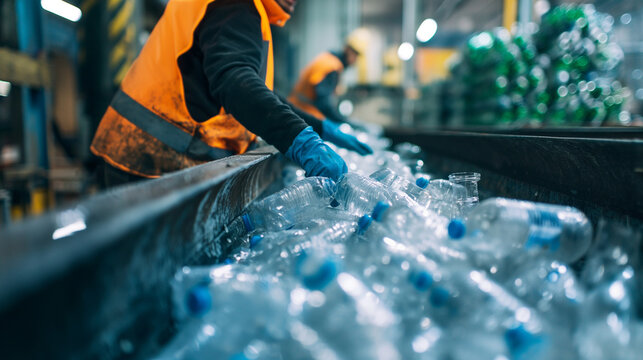 Close-up of a worker's expert hands at a recycling plant, skillfully sorting through a stream of plastic bottles on a moving conveyor belt