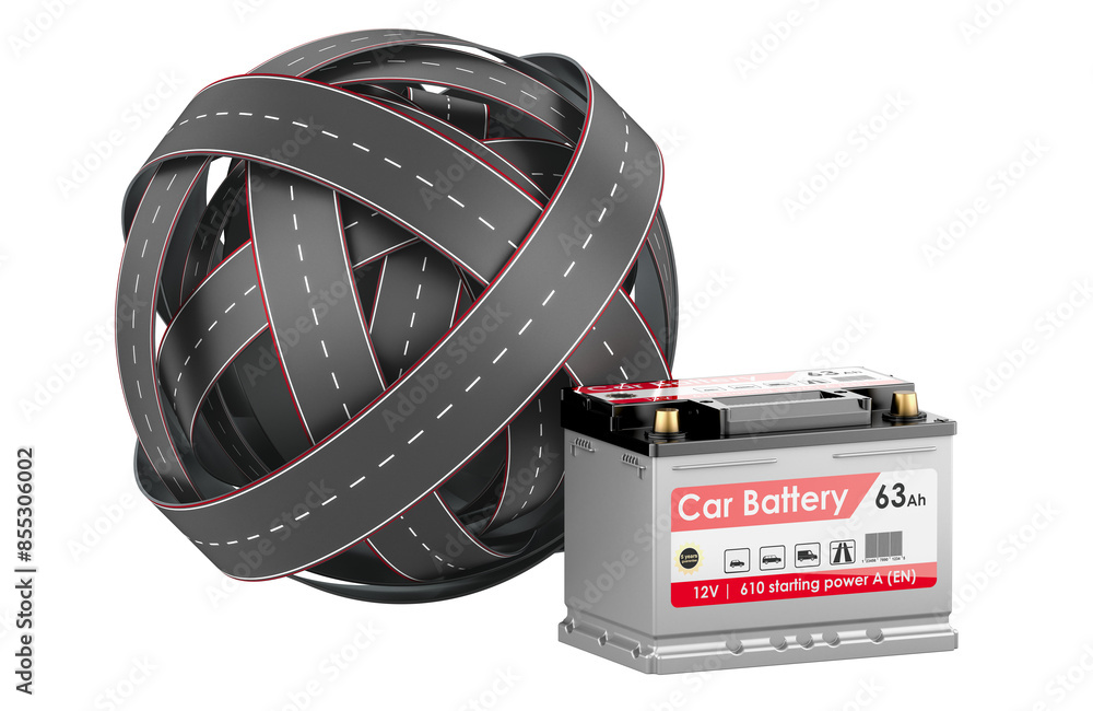 Poster roads knot with car battery. 3d rendering isolated on transparent background