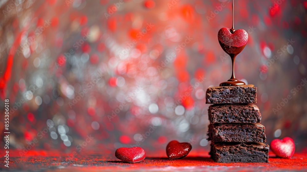 Poster a stack of brownies with a drizzle of chocolate and hearts hanging from them