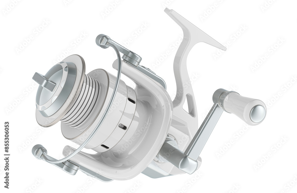 Poster spinning reel, white color. 3d rendering isolated on transparent background