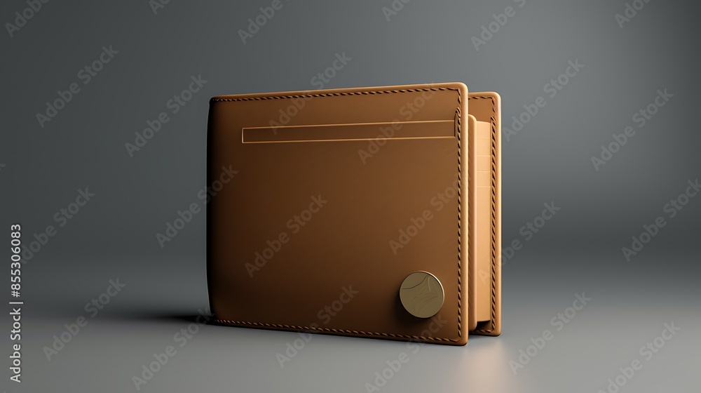 Aufkleber 3d rendering of a brown leather wallet with a coin on the side. the wallet is closed and has a smoot