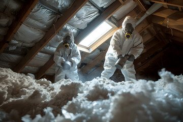 "Attic Insulation Installation: Workers Distributing Loosefill Insulation"