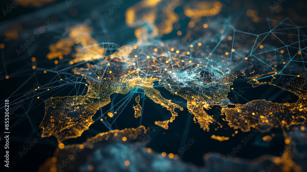 Poster see the interconnected nodes of europe's internet infrastructure, depicting a sophisticated network 
