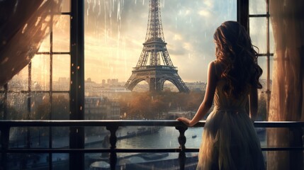 Young Woman Observing the Eiffel Tower's Reflection in Building Facades