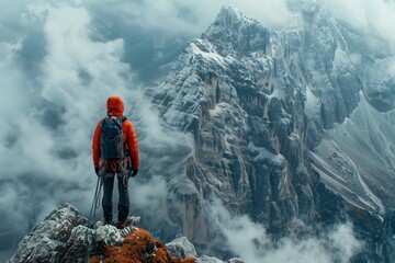 Obraz premium Climber Stands on Mountain Peak With Fog and Snow