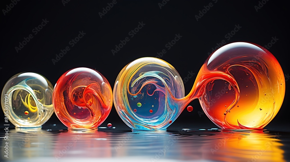 Poster 3d rendering of colorful glass spheres with liquid inside on a reflective surface.