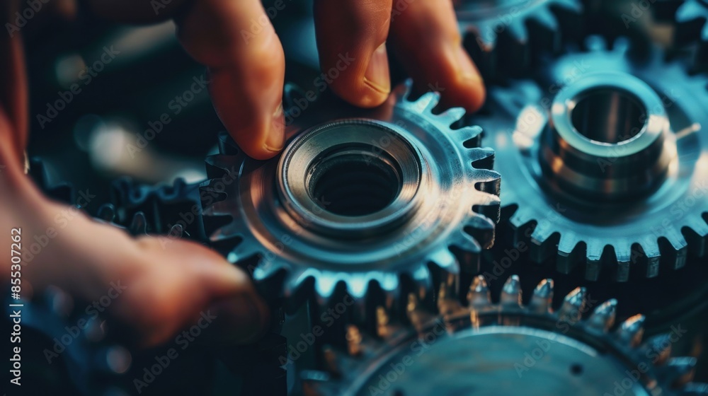 Poster a close-up shot of interlocking gears with a hand adjusting one of the gears.