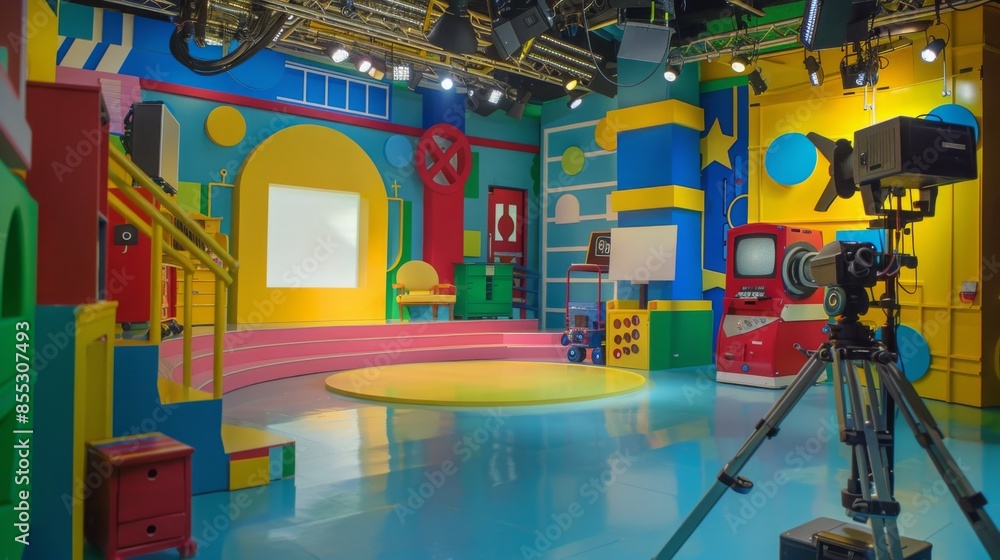 Poster this image shows a colorful studio set with a camera on a tripod. the set is designed for childrens 