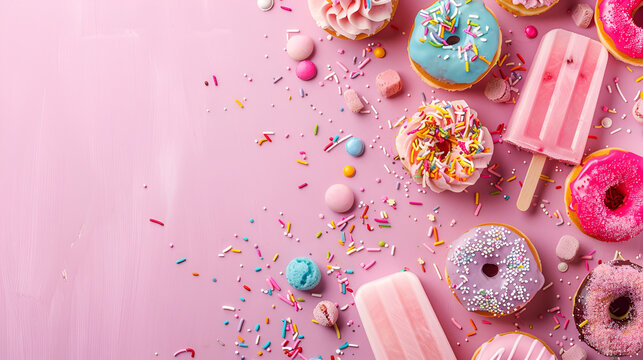 fondo con espacio para copiar con elementos de decoracion de reposteria como donas paletas chispas chocolates y dulces en tonos pastel colores llamativos