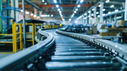 Fototapeta premium A close-up view of a metal conveyor belt in a factory setting, showcasing the industrial machinery and its intricate design.