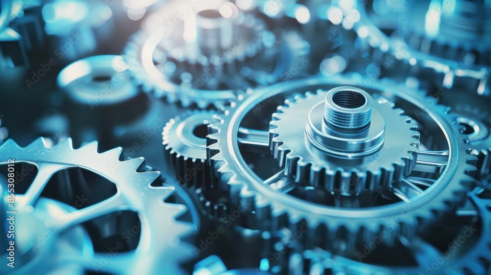 Poster a close-up shot of interlocking gears, showcasing the intricate design and mechanics of a complex sy
