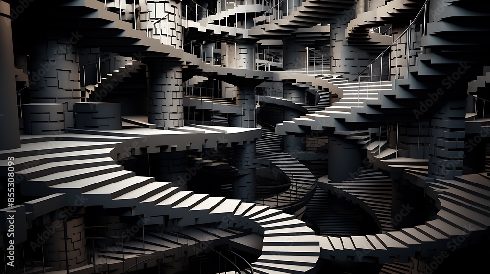 Poster 3d rendering of a dark and mysterious labyrinth. the walls are made of stone and the floor is made o