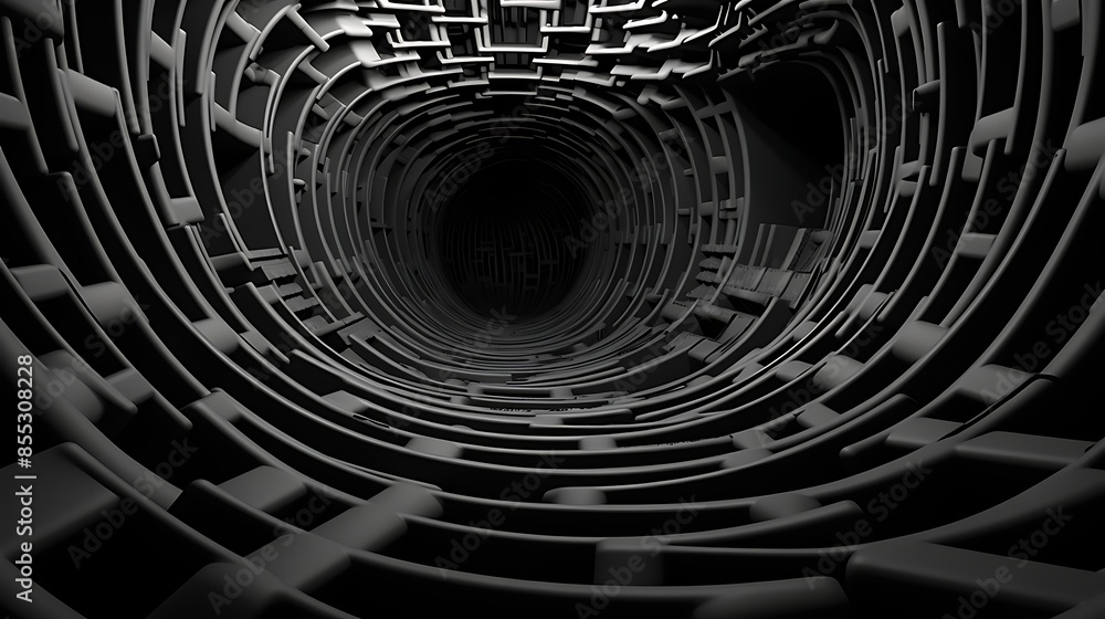 Poster 3d rendering of a dark tunnel. the walls of the tunnel are covered in a maze-like pattern.