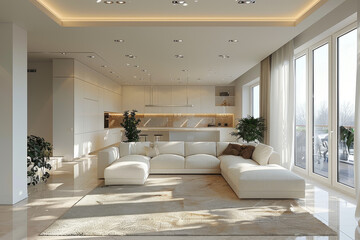 Bright White Living Room with Large Windows