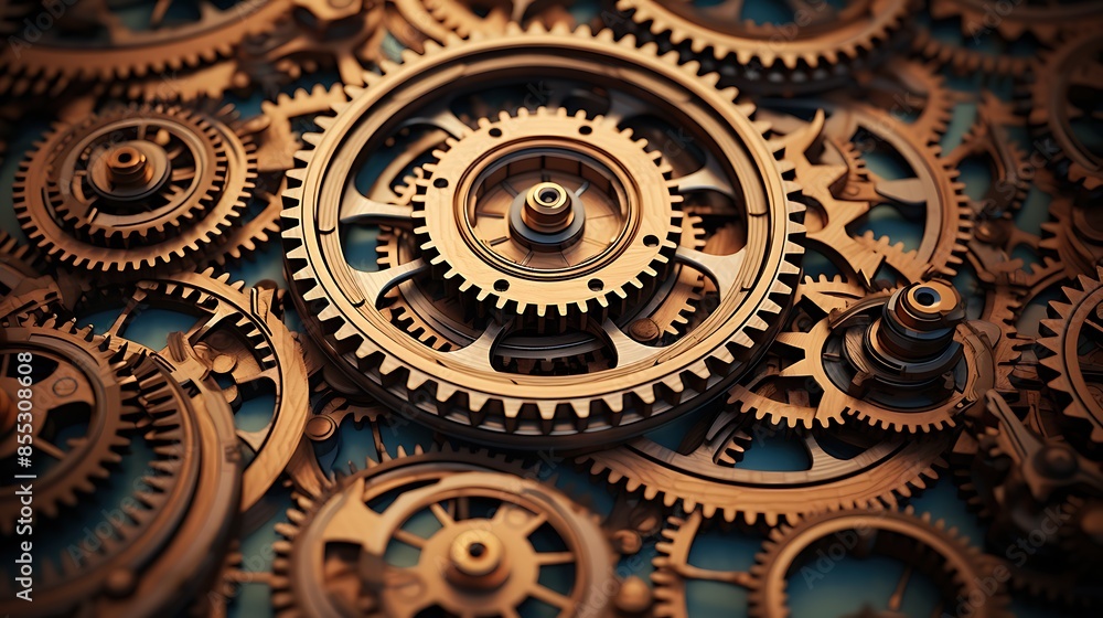 Poster An intricate and detailed steampunk clockwork machinery with gears and cogs.