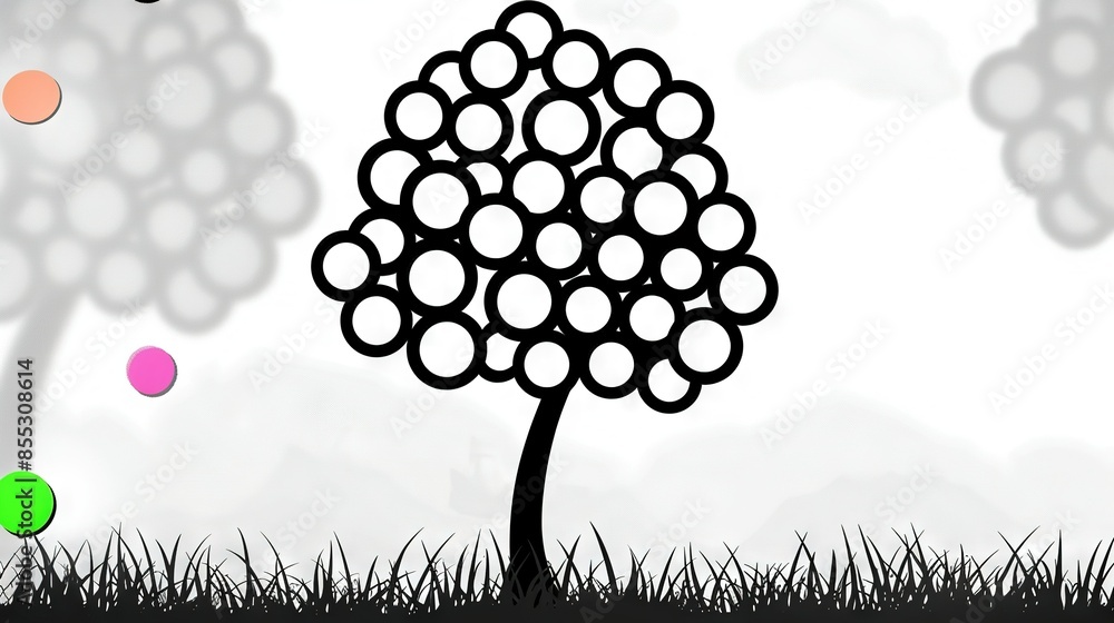 Poster a monochrome image of a tree with spherical shapes resembling a ball in the green lawn